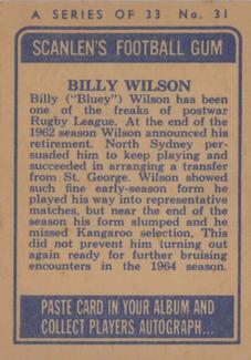 1964 Scanlens NRL #31 Bill Wilson Back